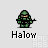 Pixelated green armored figure in multiple poses with yellow muzzle flashes, labeled 'Halow' beneath each pose on light gray background.