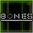 square displays a repeating pattern of the word BONES with a diamond symbol replacing the O, set against a dark background with green vertical lines
