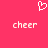 A static pixel art image with a solid pink background, featuring two instances of the word 'cheer' in light pink text and one white heart symbol above them.
