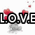 Pixelated black text spelling LOVE with red heart shapes above the O and V, gray smoke-like pixels below the letters on a white background.