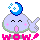 Pixelated character with light purple face, blue crescent moon on head, pink cheeks, and pink mouth, shown in multiple poses with 'WOW!' text below.