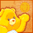 A 5x5 contact sheet of a yellow Care Bear character with raised arms, displayed on an orange wooden background with repeated "Funshine Bear" text in white and light brown.