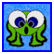 Green octopus-like creature with large white eyes and blue pupils on a light blue background, displaying two distinct facial expressions.