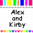 Pixelated text reads 'Alex and Kirby' with date '9/15/07', surrounded by colorful vertical bars, a gray rectangle on the right, and '<3' at bottom left.