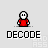 Pixelated character in red shirt with white skull face, four variations of pose and expression under 'DECODE' text on light gray background.