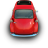 Red pixelated car viewed from above with dark windshield, black roof detail, and light blue bumper on gray background.