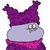 Animated pixel art of a purple-hatted character with a round body, showing two states: neutral face and wide-open mouth with green substance.
