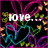 Pixelated animation with vibrant pink, blue, green, and yellow abstract shapes on black background; text changes from 'love...' to 'hugs hugs' in white blocky font.