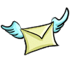Four identical yellow envelopes with blue wings held by cartoon hands, arranged in a on gray background