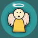 A cartoon angel with a yellow robe, pink wings, and white halo on a teal circular background; mouth alternates between open and closed expressions.
