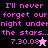 Pixelated text reads "I'll never forget our night under the stars... 7.30.08" with a star symbol, displayed across four color variations of black/pink and purple backgrounds.
