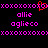 Pixelated text and symbols in pink and red on black background with 'xoxo' borders, 'allie', 'aglieco', and a heart symbol.