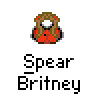 A 3x3 contact sheet of nine animated frames showing a pixel art character with brown hair and red clothing holding various weapons, labeled "Spear Britney" beneath each frame.