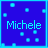 Blue square icon with light blue text 'Michele' and scattered light blue squares on a dark blue background.