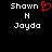 Pixelated text displays 'Shawn' with a red heart symbol, 'N', and 'Jayda' on a black background, with the heart symbol present in one view.