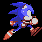 Six pixel-art frames of a blue hedgehog character in various running and walking poses against black background.