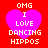 Four identical pixelated icons display 'OMG I LOVE DANCING HIPPOS' text over a pink heart on red background, with slight variations in heart shape and text alignment across frames.