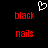 A static pixel art image with a black background, red text reading 'black nails', and a white heart outline at the top center.
