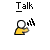 Pixelated icon set with gray background, yellow figures, white hands and circles, displaying text labels like 'Talk', 'To The', 'Hand' above icons.