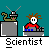 Pixel art animation of a scientist character with brown hair, white face, red shirt, and blue pants, seated at a gray desk with a green radio emitting yellow sparks, under a teal background.