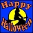 Pixelated icon with blue background, yellow crescent moon, black witch silhouette on broomstick, and orange text reading 'Happy Halloween' in curved arrangement.