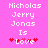 Pixelated text on pink background reads 'Nicholas Jerry Jonas Is' with 'Love' below flanked by red hearts, two identical versions side-by-side.