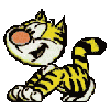 Yellow tiger with black stripes in nine distinct poses on gray background, each pose showing different body positions and expressions.