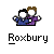 Six identical pixel art frames of two cartoon figures in blue and purple suits with brown hair, each labeled "Roxbury" below on a gray background.