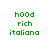 Green pixelated text 'hood', 'rich', and 'italiana' arranged in three on white background with red rectangular overlays shifting positions across frames