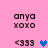 Pixelated pink background displays four identical with 'anya xoxo' text and '<333' symbols, each paired with a heart icon that alternates between blue and purple