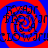 Red and blue spiral pattern with repeating text fragments overlaid, forming a of four identical