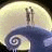 Pixelated image with a large pale yellow moon, dark blue spiral shape below it, and pink text on black background reading "we can live like Jack and Sally if we want...".