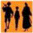 Four identical of silhouetted figures against an orange background, each showing three figures in motion