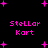Pixelated pink text "Stellar Kart" appears in four quadrants on a black background with scattered pink plus signs.