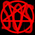 Red pixelated symbol with black negative space forming abstract shapes on a black background.
