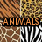 Pixelated image with 'ANIMALS' text overlay on a split background of brown and yellow patterns and black-and-white stripes.