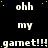 Black background with white text repeating 'ohh my' and 'gamet!!!', yellow dots scattered, gray rectangle in bottom-right corner.