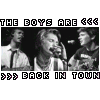 Black-and-white animated image of four young men singing into microphones with text above and below reading 'THE BOYS ARE << THE BOYS ARE <<' and '>>> BACK IN TOWN >>> BACK IN TOWN'.