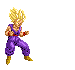 Pixel art character in purple martial arts uniform with red belt and gold boots performing three distinct combat poses against gray background.