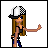 Pixel art character with long brown hair wearing a black-and-white checkered cap, black top, and blue pants extends right arm in greeting gesture against white background.