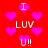 Red background with pink hearts and white text reading "I LUV U!!" in pixelated font, arranged in a repeating pattern.