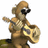 Pixelated character with brown fur, black mask-like eyes and nose, holding a drum set while playing.