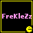 Four identical square with yellow borders display pink text 'FreKleZz' and a yellow Pac-Man icon on black backgrounds