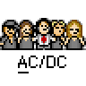 A 3x3 contact sheet of AC/DC-themed animated buddy icons showing character and logo variations across frames with consistent gray background.