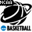 Pixelated black-and-white icon with 'NCAA' text top-left, basketball graphic center, and 'BASKETBALL' text bottom-right next to blue sphere.