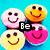 Pixelated smiley faces in pink, yellow, and white arranged in a with black text overlays reading 'Be' and 'Happy!!' on a blue background