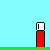 Pixel art animation of a blue figure with a white head holding a pen, interacting with red cylindrical objects against a light blue background with green ground line.