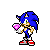 Pixel art character with blue spines and red shoes holds a pink gem, then transforms into yellow-haired version with white gloves.