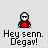 Pixel art character in red shirt and white helmet with text 'Hey senn. Degav!' below, showing sequential animation frames of weapon and effect changes.