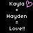 Pixelated text and symbols on black background: 'Kayla' with pink heart, '+' symbol, 'Hayden', '=' symbol, 'Love!!'